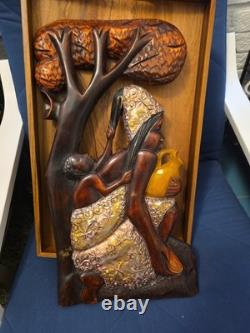 Wood Black FOLK ART Hand Carved Woman Child 22 1/2 Wood & Metal Plaque
