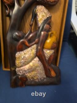 Wood Black FOLK ART Hand Carved Woman Child 22 1/2 Wood & Metal Plaque