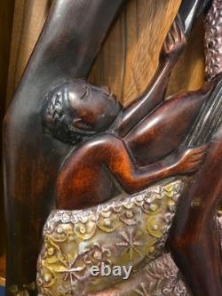 Wood Black FOLK ART Hand Carved Woman Child 22 1/2 Wood & Metal Plaque