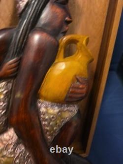 Wood Black FOLK ART Hand Carved Woman Child 22 1/2 Wood & Metal Plaque