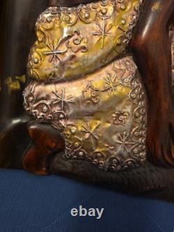 Wood Black FOLK ART Hand Carved Woman Child 22 1/2 Wood & Metal Plaque