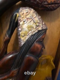 Wood Black FOLK ART Hand Carved Woman Child 22 1/2 Wood & Metal Plaque