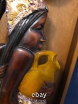 Wood Black FOLK ART Hand Carved Woman Child 22 1/2 Wood & Metal Plaque