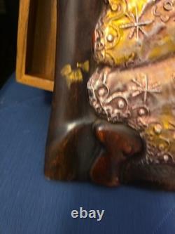 Wood Black FOLK ART Hand Carved Woman Child 22 1/2 Wood & Metal Plaque