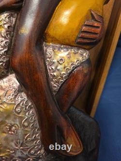 Wood Black FOLK ART Hand Carved Woman Child 22 1/2 Wood & Metal Plaque Wood Black FOLK ART Hand Carved Woman Child 22 1/2 Wood & Metal Plaque