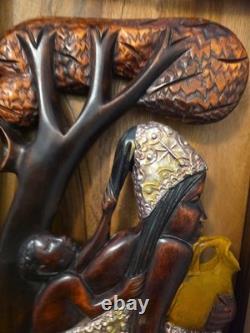 Wood Black FOLK ART Hand Carved Woman Child 22 1/2 Wood & Metal Plaque