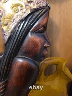 Wood Black FOLK ART Hand Carved Woman Child 22 1/2 Wood & Metal Plaque