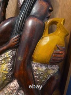 Wood Black FOLK ART Hand Carved Woman Child 22 1/2 Wood & Metal Plaque Wood Black FOLK ART Hand Carved Woman Child 22 1/2 Wood & Metal Plaque