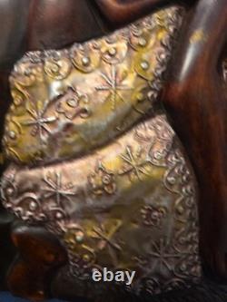 Wood Black FOLK ART Hand Carved Woman Child 22 1/2 Wood & Metal Plaque