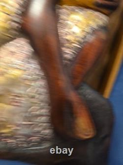 Wood Black FOLK ART Hand Carved Woman Child 22 1/2 Wood & Metal Plaque