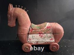 Wood Carved Horse Primitive Folk Art Painted With Wheels Nail Mane 1930s