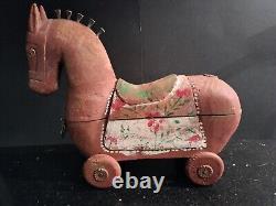 Wood Carved Horse Primitive Folk Art Painted With Wheels Nail Mane 1930s
