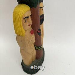 Wood Carved Polish Folk Art Adam and Eve Henryk Cichocki Poland Carving Vintage