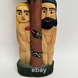 Wood Carved Polish Folk Art Adam and Eve Henryk Cichocki Poland Carving Vintage