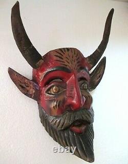 Wood Carving Wall Mask Mexican Folk Art Goat Horn Devil Head Guerrero 12