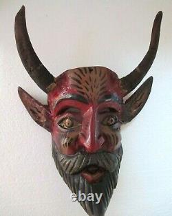 Wood Carving Wall Mask Mexican Folk Art Goat Horn Devil Head Guerrero 12