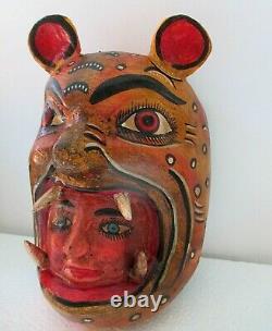 Wood Carving Wall Mask Mexican Folk Art Jaguar Cat Devil Face Guerrero 11