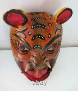 Wood Carving Wall Mask Mexican Folk Art Jaguar Cat Devil Face Guerrero 11