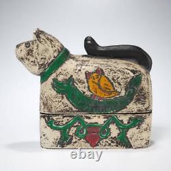 Wood Folk Art Style Decorative Carved Painted Cat Shape Box 10l Vintage