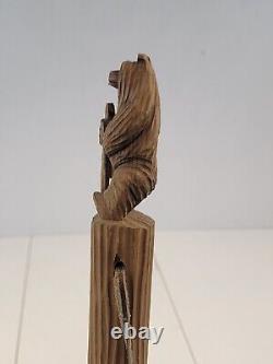 Wood Hand Carved 56 Walking Stick/Cane Folk Art Carved Bear withstick and Racoon