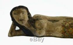 Wood Hand Carved Mermaid Lying on Side Vintage Folk Art Painted Nautical