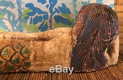 Wood Hand Carved Mermaid Lying on Side Vintage Folk Art Painted Nautical Decor