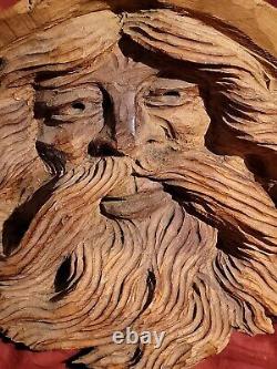 Wood Spirit Carving Face Mountain Man Sculpture Folk Art Crotch Of Cherry Tree