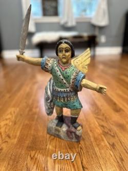 Wooden Hand Carved And Painted Saint Michael The Archangel Folk Art Statue