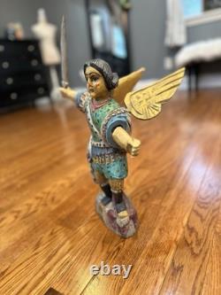 Wooden Hand Carved And Painted Saint Michael The Archangel Folk Art Statue