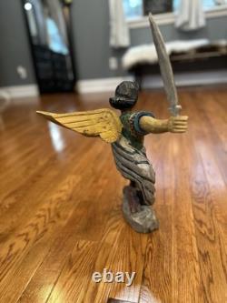 Wooden Hand Carved And Painted Saint Michael The Archangel Folk Art Statue