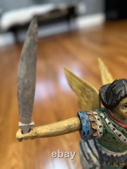 Wooden Hand Carved And Painted Saint Michael The Archangel Folk Art Statue
