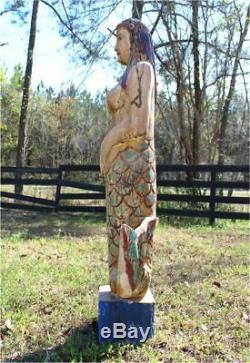 Wooden Hand Carved Mermaid Standing Statue Folk Art Painted Nautical 4 Feet Tall