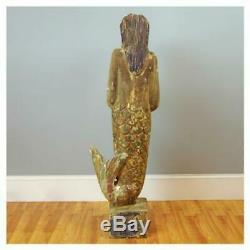 Wooden Hand Carved Mermaid Statue Folk Art Sculpture Vintage Style 5.5 Feet Tall