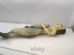 Wooden Hand Carved Mermaid hanging Statue Folk Art Painted Nautical