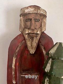 Wooden Primitive Santa With Tree Hand Carved Hand Painted 16.5 Folk Art