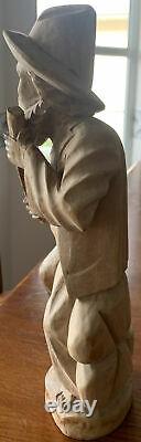 Wooden Statue Antique Folk Art Hand Carved Wooden Man Figurine 11 1/2 Tall