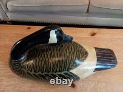 XL Orvis Preening Canada Goose Decoy, Rustic Folk Art, solid carved wood 22x11x9