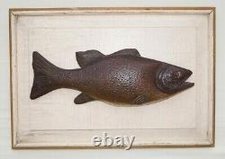 =carved Bass Fish Plaque Wood Carving Fishing Nautical Decor Folk Art Decoy