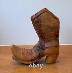 14 Sculpture de Table en Bois Sculpté Art Populaire Cow-boy Bottes Western Vtg Texas