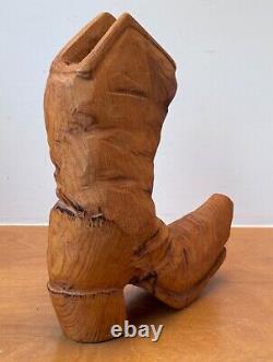 14 Sculpture de Table en Bois Sculpté Art Populaire Cow-boy Bottes Western Vtg Texas