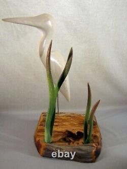 16 Po. Folk Art Shorebird Decoy Egret/ Heron/ Crane On Driftwood With Reeds