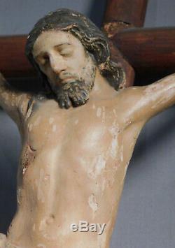 18ème Siècle Sculpté Polychrome Bois Santo Corpus Jésus-christ Crucifix Art Populaire