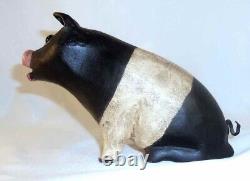 1990 Cochon en Bois Sculpté À La Main Peint Polychrome Art Populaire Walter & June Gottshall