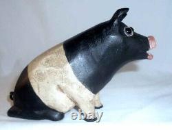 1990 Cochon en Bois Sculpté À La Main Peint Polychrome Art Populaire Walter & June Gottshall