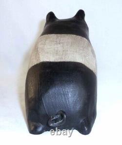 1990 Cochon en Bois Sculpté À La Main Peint Polychrome Art Populaire Walter & June Gottshall