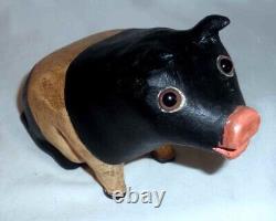 1990 Cochon en Bois Sculpté À La Main Peint Polychrome Art Populaire Walter & June Gottshall