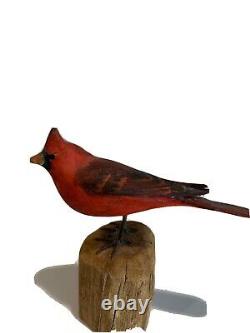 1 Vintage Peter Peltz Carved & Painted Wood Folk Art Red Cardinal Bird Signé