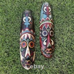 (2) Art Populaire Tribal Ethnographique Masque Tiki Sculpté en Bois Visage Long Peint 20