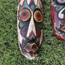 (2) Art Populaire Tribal Ethnographique Masque Tiki Sculpté en Bois Visage Long Peint 20