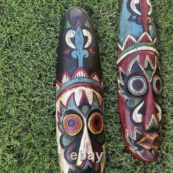 (2) Art Populaire Tribal Ethnographique Masque Tiki Sculpté en Bois Visage Long Peint 20